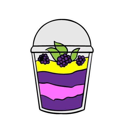 Doodle sketch eco dessert in a glass, Homemade Organic Fresh Fruit Parfait. Vegan Dessert Illustrationのイラスト素材