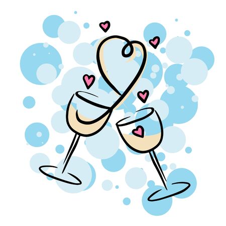 Doodle sketch glasses of champagne with hearts. Simple, flat illustration for Valentine's day on a white background.のイラスト素材