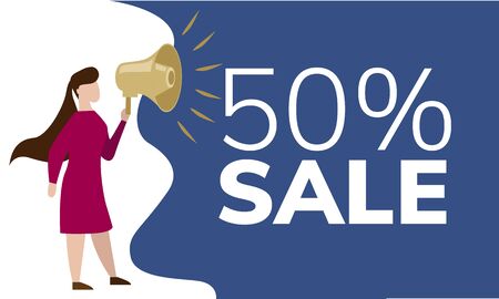  Simple flat illustration 50% sale. Banner for your advertisement, site, mobile application. Drawing of a girl with flowers.のイラスト素材