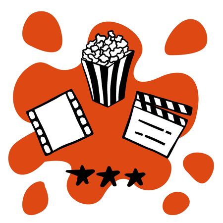  doodle sketch popcorn, film, stars. Simple, flat illustration of a movie theater set on a white background.のイラスト素材