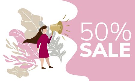  Simple flat illustration 50% sale. Banner for your advertisement, site, mobile application. Drawing of a girl with flowers.のイラスト素材