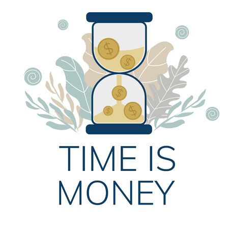 Simple, flat illustration of an hourglass and coins. The concept of time is money. Banner for your website, advertisement, mobile offer.のイラスト素材