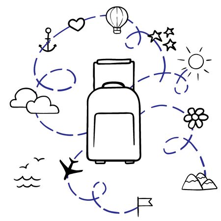 Doodle sketch suitcase and travel icons on white backgroundのイラスト素材