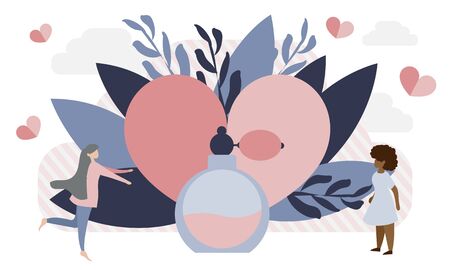 Simple, flat illustration of perfume. Vintage bottle for body aroma, concept with tiny people. Drawing for your advertisement, site page, mobile applicationのイラスト素材