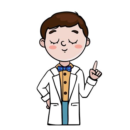 Doodle sketch boy in a white coat. Illustration of a chemist, biologist, doctor on a white backgroundのイラスト素材