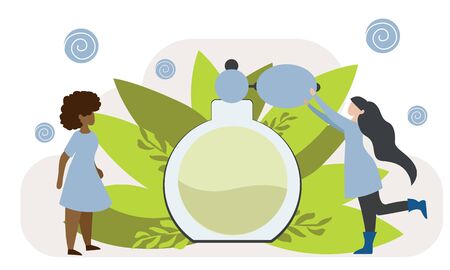  Simple, flat illustration of perfume. Vintage bottle for body aroma, concept with tiny people. Drawing for your advertisement, site page, mobile applicationのイラスト素材