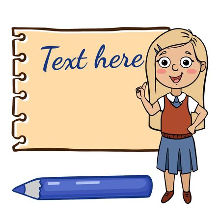 Doodle sketch girl points hand up. Cartoon illustration for your layout, site on a background of a sheet of notepad and pencil.のイラスト素材