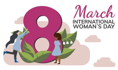 Happy Women's Day vector banner template. 8 March concept with copyspace. Different female flat characters, tiny people spending time together. Grl pwr, sisterhood, diversity, equality articleのイラスト素材