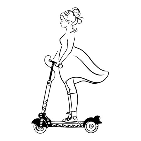 Doodle sketch girl on electric scooter, illustration on a white background.のイラスト素材