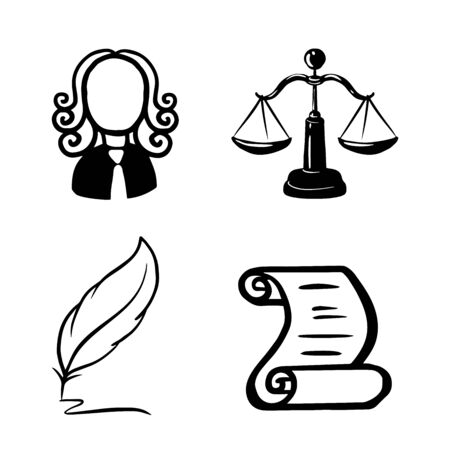 Symbol of law and justice. Conceptual law and justice. Scales of justice, a judge, a pen, a paper roll. Vector illustration doodleのイラスト素材