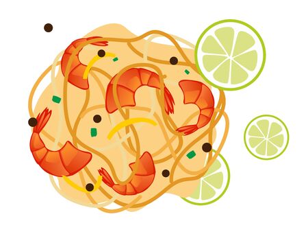 Pad Thai or Stir Fried Noodles with Prawns on Chalkboard. Thai Cuisine, Pad Thai or Thai Stir Fried Noodles with Prawns on Chalkboard. One of The Most Popularのイラスト素材