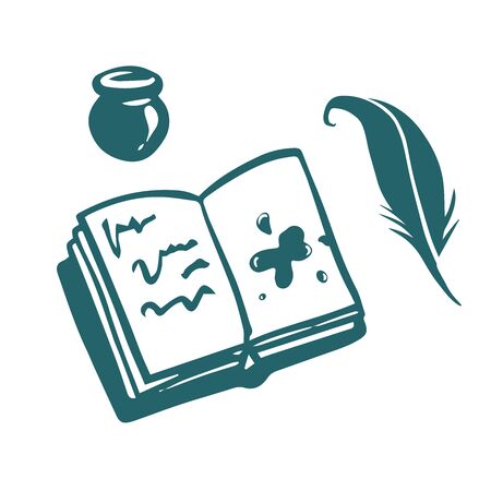 doodle sketch book, inkwell and feather on white background, cartoon drawingのイラスト素材