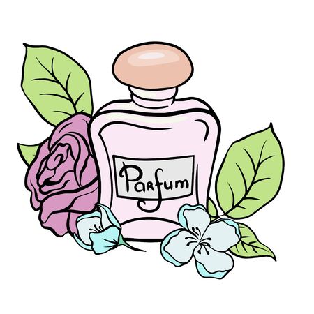 Perfume bottle and flowers. Doodle sketch perfume bottle on white backgroundのイラスト素材