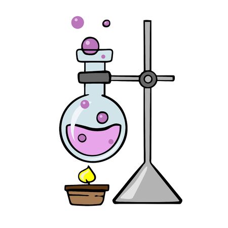 Doodle sketch laboratory apparatus, round chemical flask is heated. Laboratory experiment. Illustration on a white background.のイラスト素材