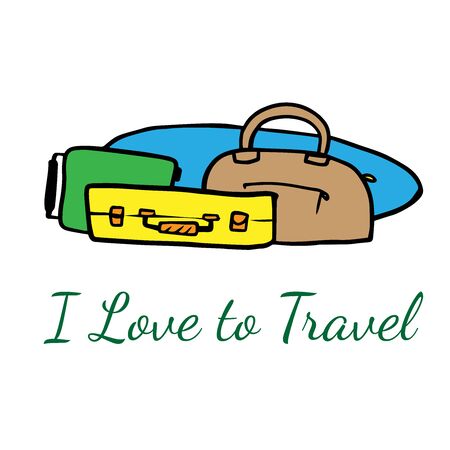 Doodle sketch suitcases and surf board, cartoon drawing, items for traveling to the beach on a white backgroundのイラスト素材