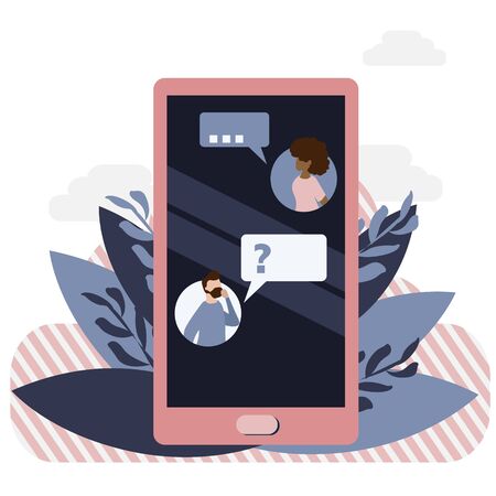 Simple, flat illustration of chat on smartphone. Communication concept, social network. Conversation on the screen of a mobile phone. Drawing for your website, application, advertisement.のイラスト素材