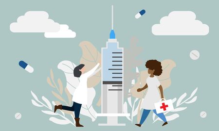 Simple flat illustration of doctors. Medical care concept. Professional medical assistance. Illustration for your banner, advertisement, site, mobile application.のイラスト素材