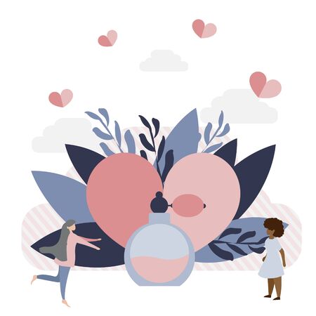 Simple, flat illustration . Vintage bottle for body aroma, concept with tiny people.のイラスト素材