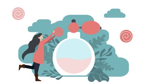 Simple, flat illustration  . Vintage bottle for body aroma, concept with tiny people.のイラスト素材