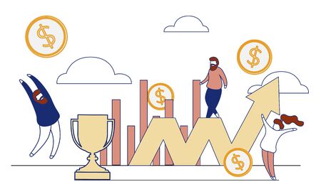 Simple, flat illustration with outline concept successful team work. Banner with tiny people, abstract vector elementsのイラスト素材