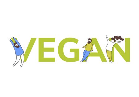 Simple flat illustration of the word vegan and tiny people. Lettering concept,   advertising layout, websiteのイラスト素材