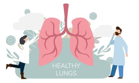 Pulmonology vector illustration. Flat lungs healthcare persons concept. Abstract respiratory system examination and treatment. Internal organ inspection check for illness, disease or problems.のイラスト素材