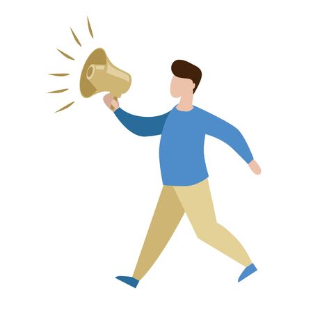  simple flat illustration of a boy, man with a bullhorn on a white backgroundのイラスト素材