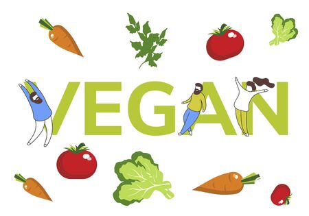 Simple flat illustration of the inscription vegan with vegetables and tiny men. Layout  , banner, advertisementのイラスト素材