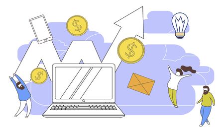 Simple, flat illustration with the outline of a business team template. Concept of flat design web page or mobile app. Vector illustration, team work landing.のイラスト素材