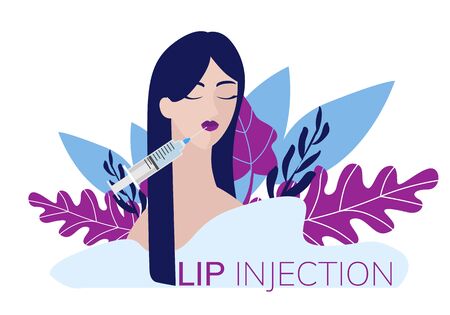 simple flat illustration of a woman, girl injecting a lip injection. Concept illustration of a cosmetology procedure. Illustration for the banner of a beauty salon, website.のイラスト素材