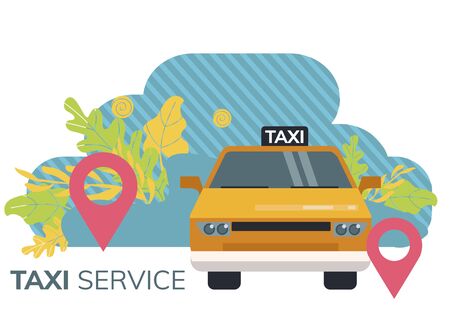  Simple flat illustration for taxi call application. Illustration of a taxi car and geolocation tags for advertising banner, layout, website on a white background.のイラスト素材