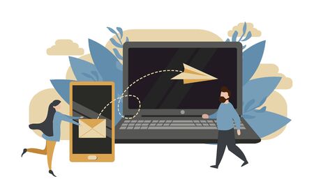 Simple flat illustration of sending a message from laptop to phone. The concept of correspondence, virtual communication.のイラスト素材