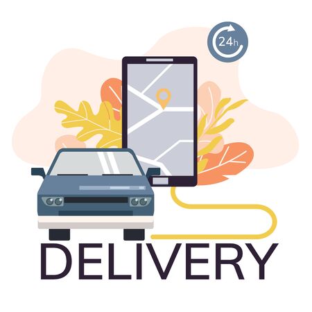 Simple flat illustration of delivery concept. Illustration of a mobile phone, smartphone and carのイラスト素材