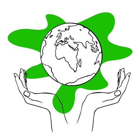 doodle sketch hands hold globe, save planet, illustration isolated on white backgroundの写真素材