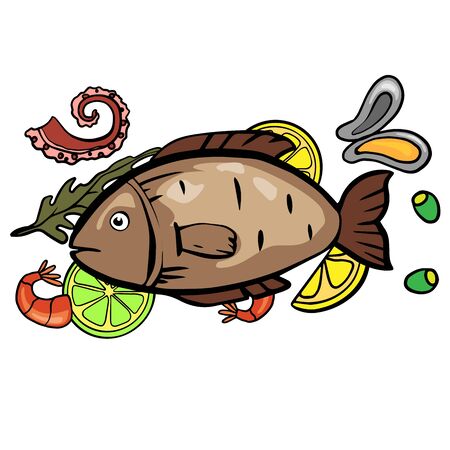 Vector illustrations of an octopus, scad fish, sea bream. Seafood products info graphic suitable for restaurant menu etc.の写真素材