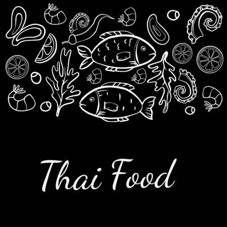 Vector illustrations of an octopus, scad fish, sea bream. Seafood products info graphic suitable for restaurant menu etc.の写真素材