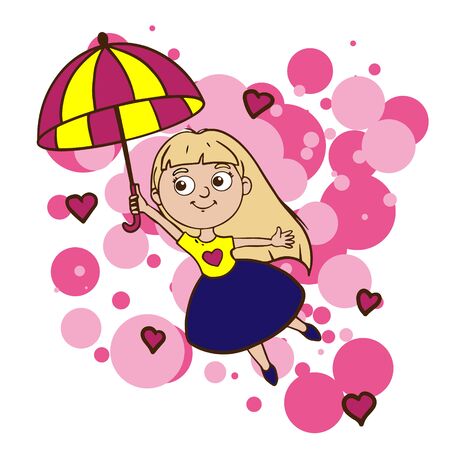 Doodle sketch cute girl flies on an umbrella. Simple flat illustration with hearts for a card on a white background.の写真素材