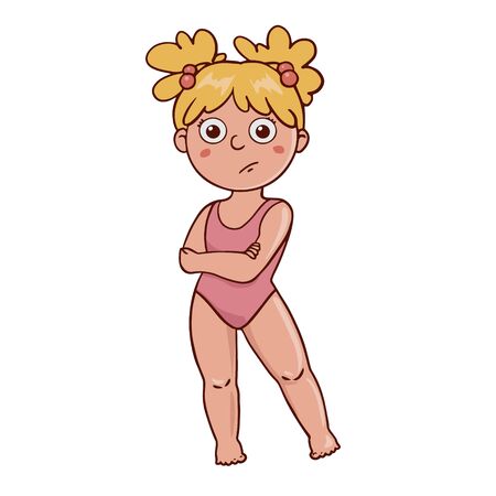 A simple flat illustration of a girl in a pink swimsuit. Doodle sketch of a displeased childのイラスト素材