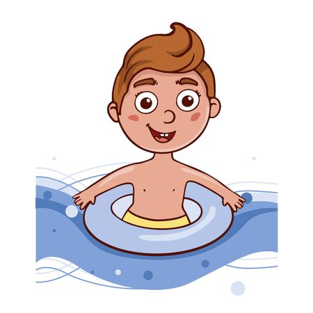 Simple flat illustration a boy swims in a lifebuoy. Doodle sketch baby in a swimsuitのイラスト素材