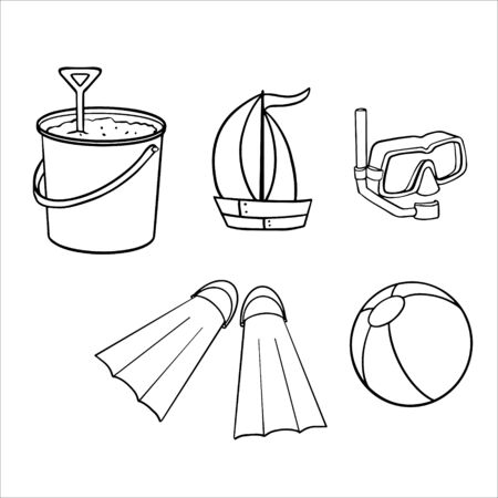 Doodle sketch ball, bucket, swimming mask and toy boat. Illustration of items for the beachのイラスト素材