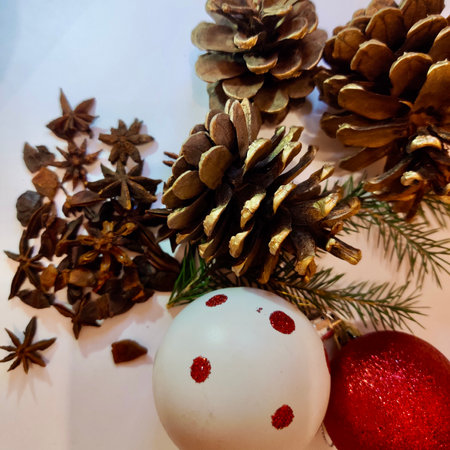 Christmas decorations and pine cons with star aniseの写真素材