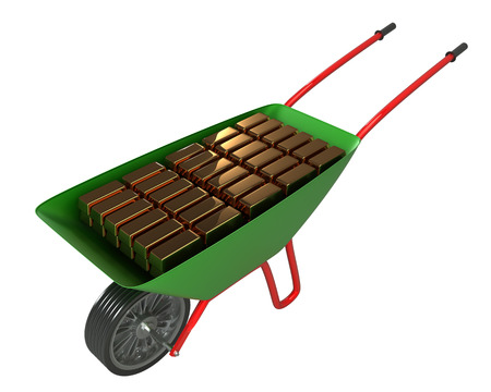 Gold bars in a wheelbarrow  isolated on white 3d illustration  high resolutionの写真素材