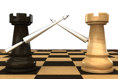 Black and white chess rook with spears  isolated  white 3dの写真素材