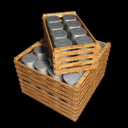 Metal Tin Can wooden crate. isolated on black background. 3d illustration
