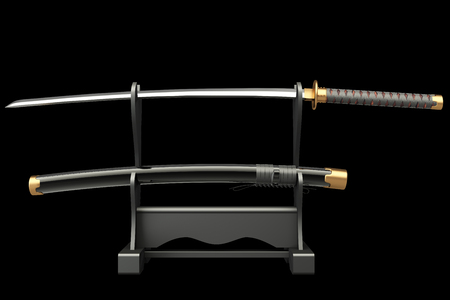 Japanese traditional samurai sword on stand, katana. realistic. isolated on black background. 3d illustrationの写真素材
