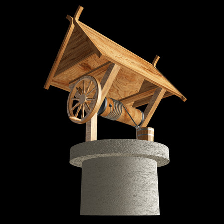 Old Water Well With Pulley and Bucket. isolated on black background 3d illustration. high resolutionの写真素材
