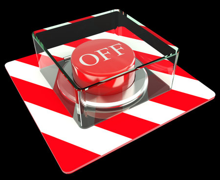 The red button, OFF. isolated black background. 3d