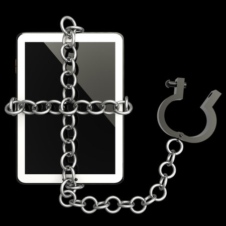 Tablet PC. in chains. isolated on black background 3d illustration. high resolution