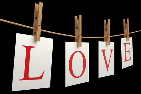 Word love hang on rope by wooden clothespin. realistic. isolated on black background. 3d illustrationの写真素材