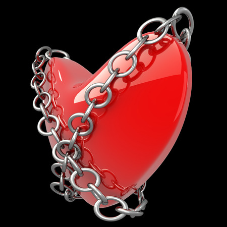 Heart in chains and shackles. isolated on black background. 3d illustrationの写真素材